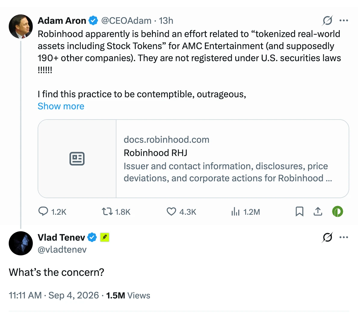 Robinhood链上股票代币交易量飙升，AMC CEO怒斥其行为卑劣