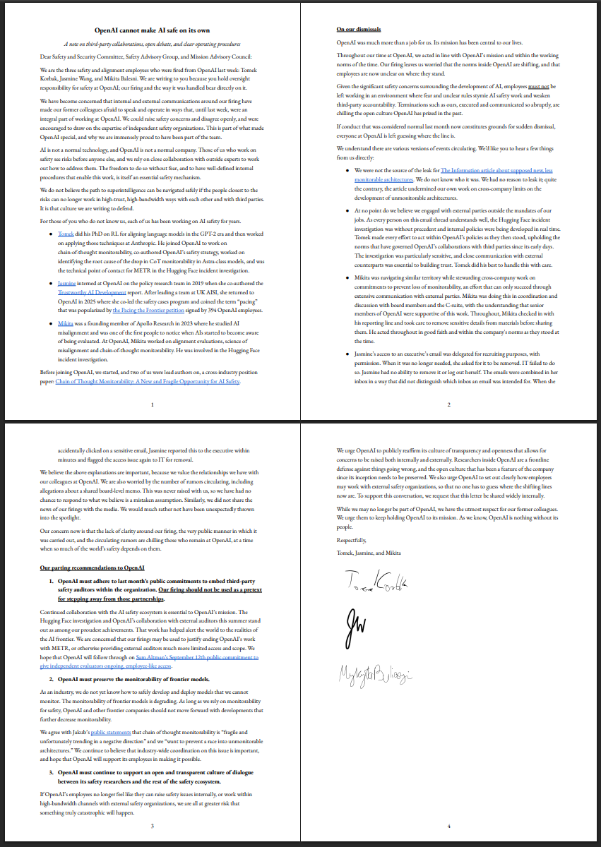 OpenAI解雇安全研究员，公开信否认违规警告寒蝉效应